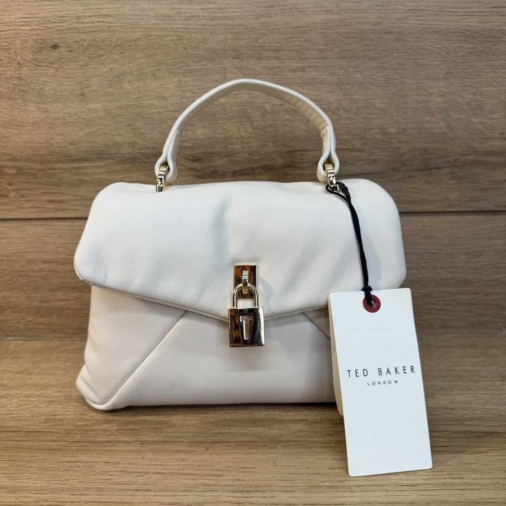 Ted Baker Poppy Small Satchel Crossbody Handbag Lock White Cream Leather NEW